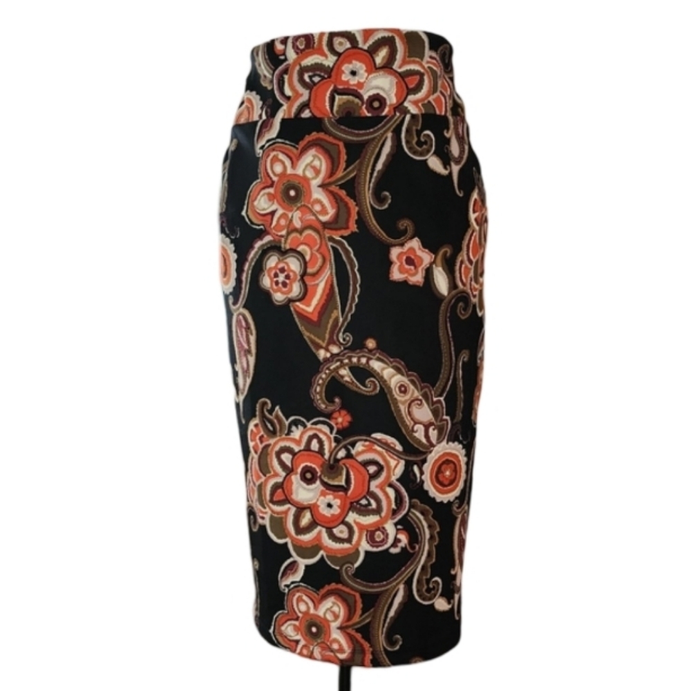 Carmen Marc Valvo‎ Black Floral Pull-on Midi Pencil Skirt Women's Medium